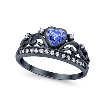 Heart Crown Ring Eternity Black Tone, Simulated Tanzanite CZ 925 Sterling Silver